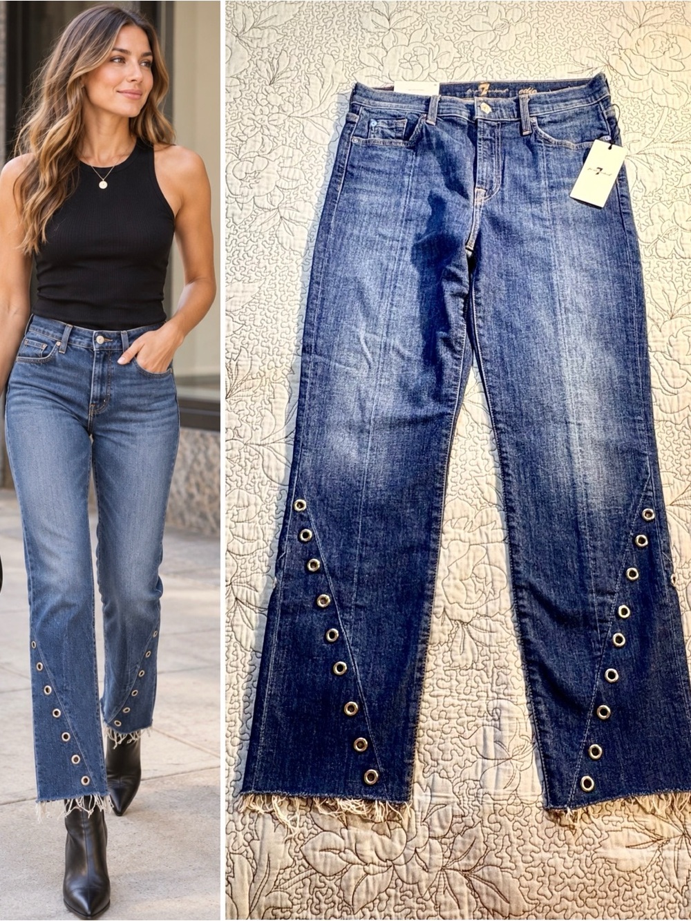💥NWT 7 For All Mankind Edie High Rise Crop Straight Jeans Grommet Raw Hem~29🧡